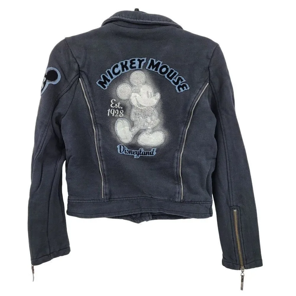 Disney Parks Disneyland Moto Jacket Sweatshirt M Black Sequined Mickey‎ 3D Zip